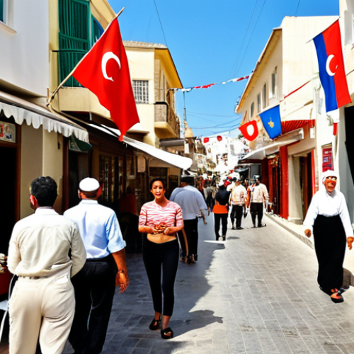 Home 6 A vibrant street scene in North Nicosia, showcasing the blend of Atatürk's secular reforms and the unique Turkish Cypriot identity. Modern, clean buildings stand alongside traditional cafes. Diverse people, including women without headscarves, walk freely, reflecting a liberal public life. Turkish flags are subtly present, yet local Cypriot cultural motifs are also visible, conveying a sense of proud national identity mixed with distinct island traditions. The atmosphere is open and progressive, bathed in warm Mediterranean sunlight.