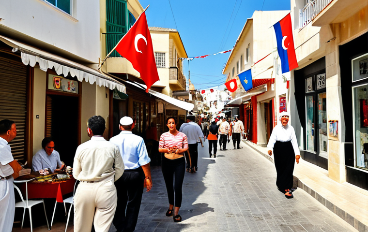 A vibrant street scene in North Nicosia, showcasing the blend of Atatürk's secular reforms and the unique Turkish Cypriot identity. Modern, clean buildings stand alongside traditional cafes. Diverse people, including women without headscarves, walk freely, reflecting a liberal public life. Turkish flags are subtly present, yet local Cypriot cultural motifs are also visible, conveying a sense of proud national identity mixed with distinct island traditions. The atmosphere is open and progressive, bathed in warm Mediterranean sunlight.