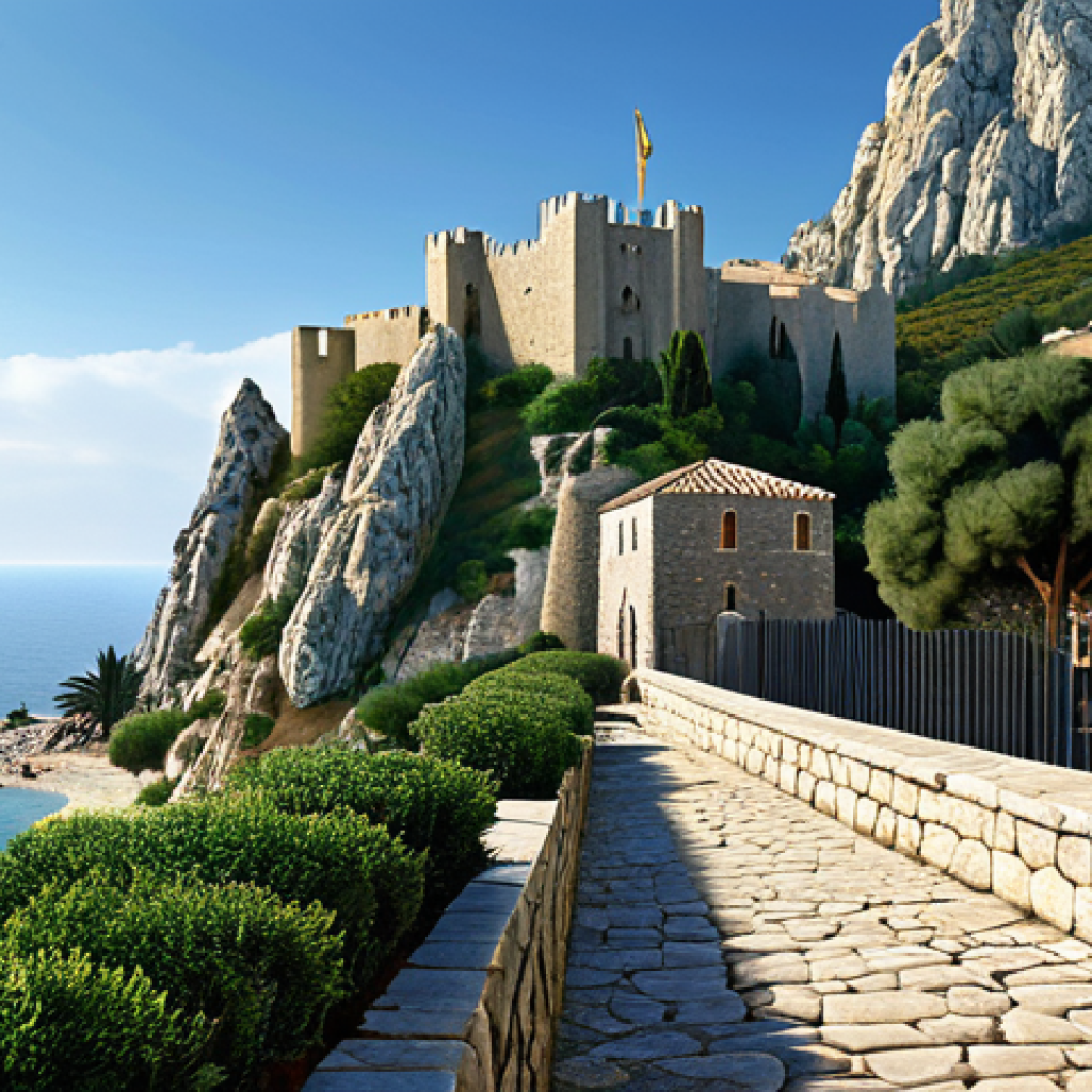 **

"A professional historical painting of St. Hilarion Castle in Cyprus, showcasing its strategic mountain location overlooking the coastline. The castle features Byzantine, Lusignan, and Venetian architectural elements. In the foreground, fully clothed guards are depicted patrolling the walls. Safe for work, appropriate content, perfect anatomy, correct proportions, professional, modest, family-friendly. High quality, detailed."

**
