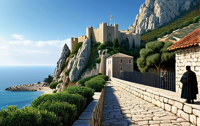 **

"A professional historical painting of St. Hilarion Castle in Cyprus, showcasing its strategic mountain location overlooking the coastline. The castle features Byzantine, Lusignan, and Venetian architectural elements. In the foreground, fully clothed guards are depicted patrolling the walls. Safe for work, appropriate content, perfect anatomy, correct proportions, professional, modest, family-friendly. High quality, detailed."

**