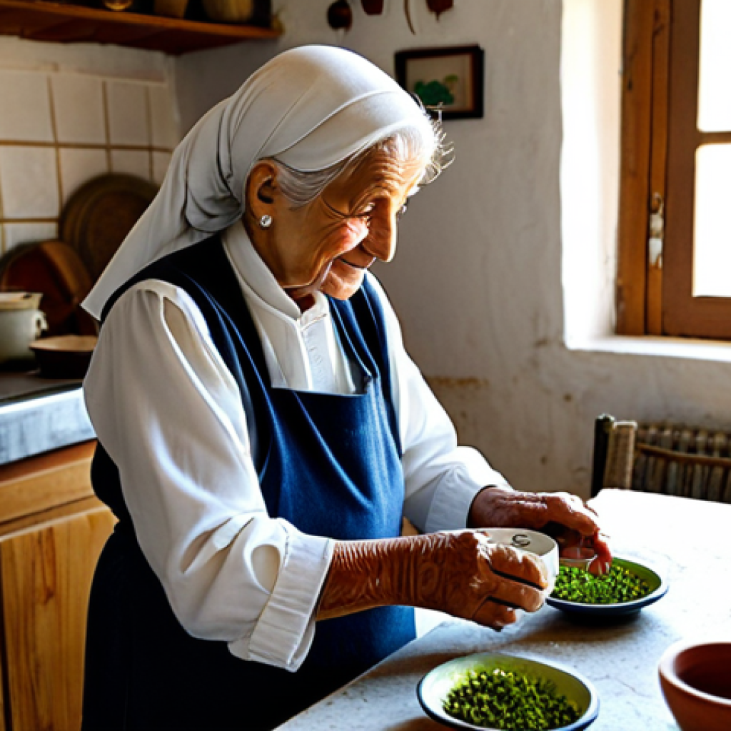 **

"An elderly woman, fully clothed in modest traditional Cypriot dress, showing her granddaughter how to prepare herbal tea in a sunlit kitchen. The kitchen features rustic elements and natural light. Focus on the intergenerational connection and the passing down of traditional knowledge. Safe for work, appropriate content, perfect anatomy, natural proportions, family-friendly, professional photography, high quality."

**