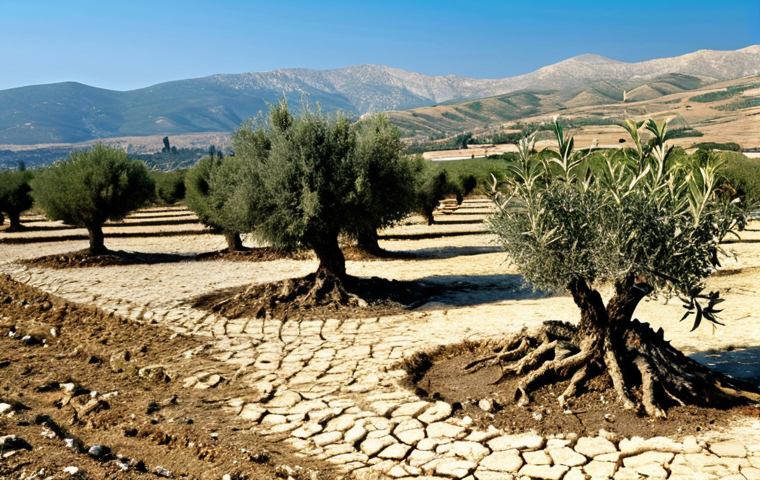 Drought-stricken Landscape**

"A desolate landscape in North Cyprus, featuring cracked earth and withered olive trees under a scorching sun, fully clothed farmers looking despairingly at the barren fields, clear blue sky, distant mountains, appropriate attire, safe for work, perfect anatomy, natural proportions, high quality, professional photography, illustrating the severity of water scarcity."

**