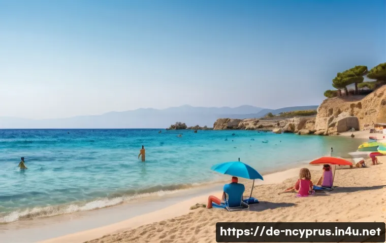 북키프로스 가족 여행지 - A serene family-friendly beach scene at Alagadi Beach in Northern Cyprus, featuring a gentle sandy s...