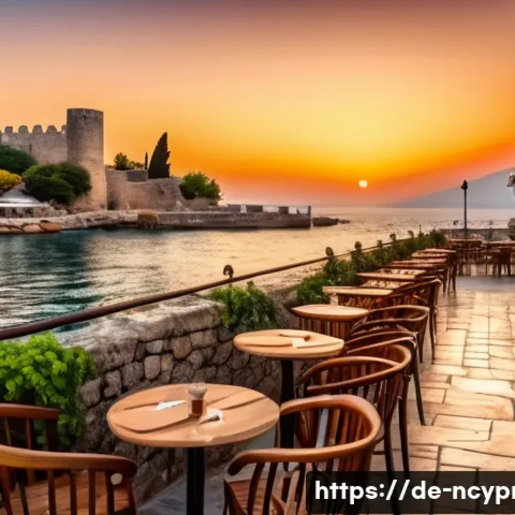 북키프로스의 해변 카페 - A cozy seaside caf&eacute; terrace at sunset in Kyrenia, featuring rustic wooden tables and stone flooring,...