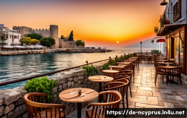 북키프로스의 해변 카페 - A cozy seaside café terrace at sunset in Kyrenia, featuring rustic wooden tables and stone flooring,...