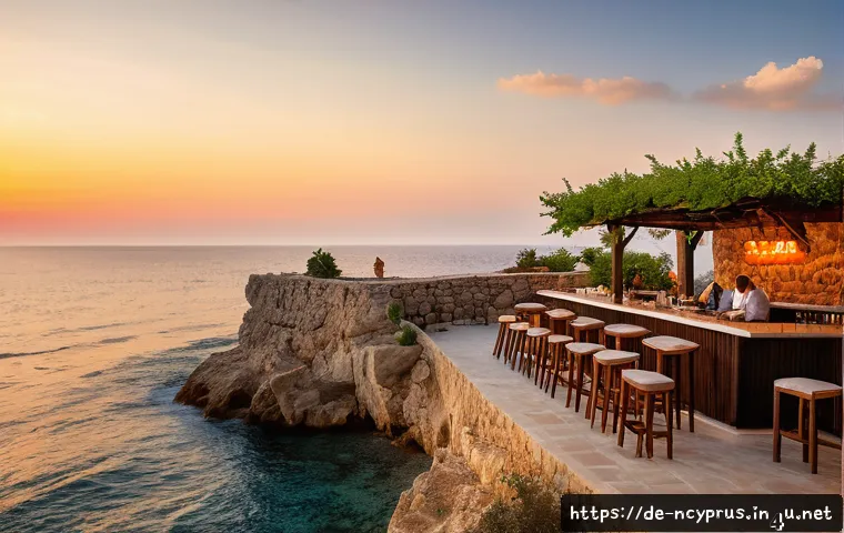 북키프로스의 밤문화 - A cozy seaside bar at sunset in Northern Cyprus, perched on a rocky cliff overlooking the calm Medit...