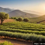 Home 21 북키프로스 올리브 산업 - A serene North Cypriot olive grove at golden hour, showcasing traditional stone terraces and ancient...