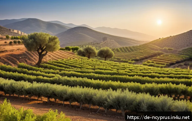 북키프로스 올리브 산업 - A serene North Cypriot olive grove at golden hour, showcasing traditional stone terraces and ancient...