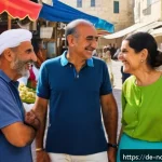 Home 19 북키프로스 튀르크어 - A vibrant street scene in Northern Cyprus showing a diverse group of locals engaging in warm, polite...