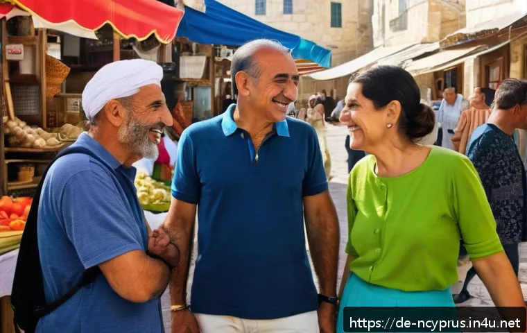 북키프로스 튀르크어 - A vibrant street scene in Northern Cyprus showing a diverse group of locals engaging in warm, polite...