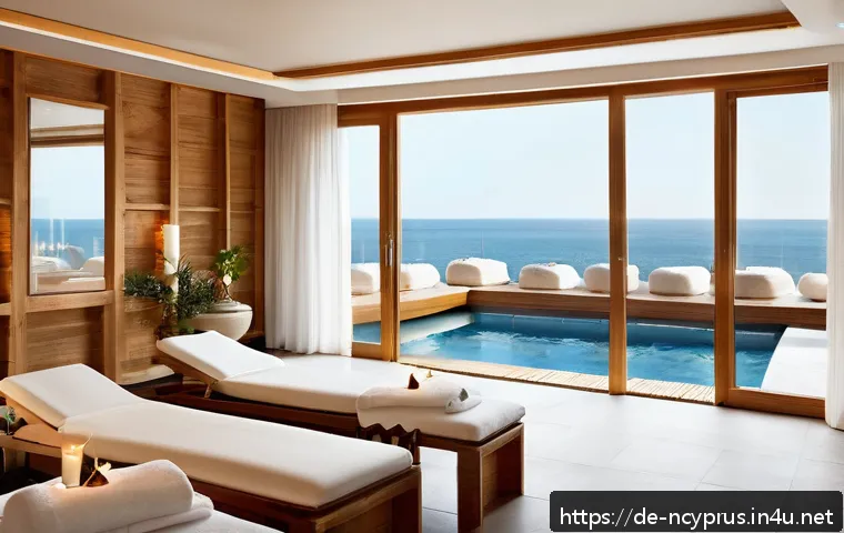 북키프로스 호텔과 리조트 비교 - A luxurious Mediterranean seaside wellness hotel spa area featuring modern design with traditional h...
