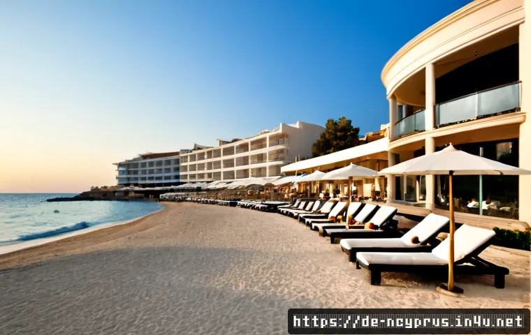 Home 17 북키프로스 비치 리조트 - Photorealistic North Cyprus beach resort at sunrise, elegant white Mediterranean hotel terraces over...